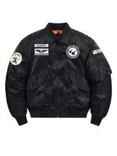 Men’s plus size embroidered patches bomber jacket in black matte nylon with chest and sleeve patches