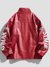Men’s plus size red faux leather zip up jacket with bold white simar lettering on sleeve length for stylish wear