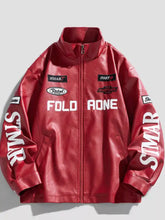 Men’s plus size red faux leather jacket with zipper front high collar bold white lettering and long sleeve length