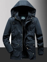 Men’s plus size fleece lined hooded winter coat in black with plush fleece lining and multiple front pockets