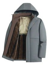 Men’s plus size fleece lined hooded winter coat in gray with brown faux fur lining and gold patterned inner collar