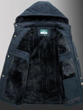 Black plus size fleece lined hooded winter coat with plush faux fur hood lining and gold tone snap buttons