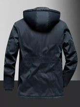 Men’s plus size fleece lined hooded winter coat in black with quilted lining and reinforced stitching for warmth