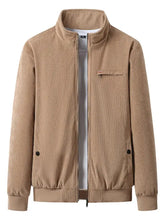 Men plus size tan bomber corduroy jacket with stand-up collar front zipper and black snap button side pockets