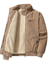 Men plus size bomber corduroy jacket in tan with plush cream sherpa lining and red logo on chest pocket
