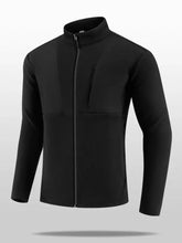 Men’s plus size black fleece jacket with full zip, high collar, basic style, long sleeve length, and two front pockets