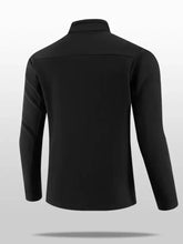 Men’s plus size black long-sleeved fleece jacket with stand-up collar and subtle seam detailing in basic style