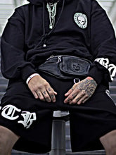 Mens plus size grey hoodie and elastic waist shorts set with skull patch