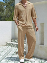 Men’s plus size beige textured knit two-piece set with half sleeve top and wide-leg pants visible from the front