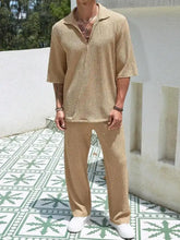 Beige textured knit polo shirt with short sleeves and collar in men’s plus size half sleeve top and pants set