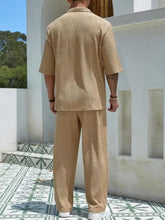 Men’s plus size beige textured linen two-piece outfit with half sleeves top and wide-leg pants front view