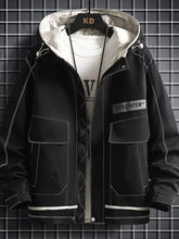 Men’s plus size black hooded casual lightweight jacket with white contrast stitching and light interior lining, machine wash cold