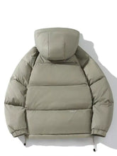Men’s plus size hooded lightweight olive green puffer jacket with quilted design and drawstring hood