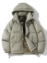 Men’s plus size hooded lightweight puffer jacket in olive green with quilted design and textured gold interior lining