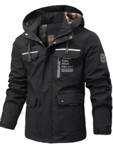 Men plus size hooded outdoor windproof coat in black with plaid lining silver stripes and find your own way zipper pocket