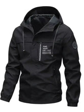 Men’s plus size hooded outdoor windproof jacket in black with front zipper pocket find your own way text and sleeve patch