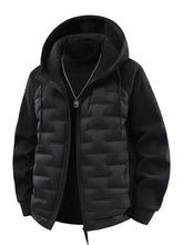 Men’s plus size black quilted hooded padded jacket with sleek modern design and subtle stitching details