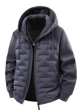 Dark gray men’s plus size hooded padded jacket with quilted design zipper front and drawstring hood for warmth