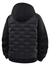 Black quilted men’s plus size hooded padded jacket with geometric stitching pattern and insulated hood