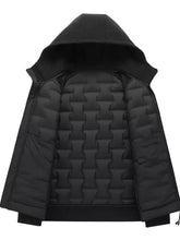 Men’s plus size black hooded padded jacket with quilted geometric stitching pattern for cold weather use