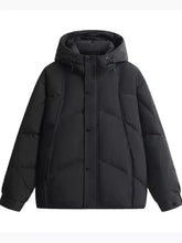 Men’s plus size black quilted hooded padded puffer jacket with central button closure and subtle vertical seam detailing machine wash tumble dry