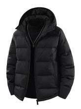 Men’s plus size hooded padded black puffer jacket with quilted design for warmth and comfort