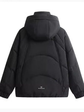 Men’s plus size black quilted padded puffer jacket with hood and elastic cuffs, machine wash and tumble dry, long sleeve length