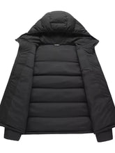 Men’s plus size hooded padded black puffer jacket with horizontal stitching and hood for cold weather