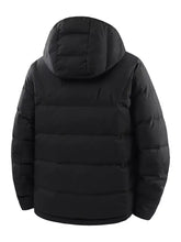 Men’s plus size hooded padded black puffer jacket with horizontal stitching and insulated warmth