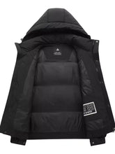 Men’s plus size black hooded padded puffer jacket with quilted design, subtle branding, machine wash and tumble dry