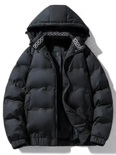 Men’s plus size black hooded padded winter coat with white greek key pattern trim on hood edge