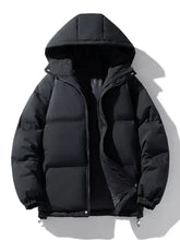 Men’s plus size black hooded puffer jacket with quilted design and drawstring hem, shown from the back side