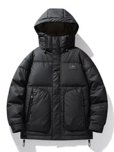 Men’s plus size black hooded puffer jacket with quilted design and front zippered pockets machine wash cold tumble dry low