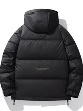 Men’s plus size black hooded puffer jacket with quilted panels and subtle back text machine wash cold tumble dry low