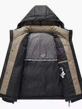 Men’s plus size black and beige hooded puffer jacket with quilted hood and branded inner pocket patch machine wash cold