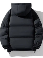 Men’s plus size black hooded puffer jacket with quilted panels and drawstring hem shown from the back side