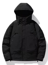 Men’s plus size hooded black puffer jacket with front zipper closure and multiple pockets for cold weather use