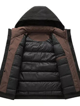 Men’s plus size hooded puffer jacket in black and brown with quilted design and zipper closure with multiple pockets