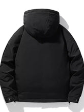 Black plus size hooded puffer jacket with zippered cuffs and multiple pockets for men’s cold weather wear