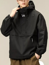 Black plus size hooded windbreaker jacket with small white logo patch and elastic cuffs for men