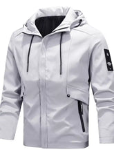 Men’s plus size hooded windproof casual jacket in light gray with black drawstrings and sleek synthetic fabric finish