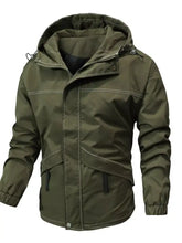 Men’s plus size hooded windproof outdoor jacket in olive green with waterproof material reinforced stitching and elastic cuffs