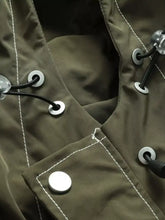 Men’s plus size hooded windproof outdoor jacket in olive green with white stitching silver buttons and black drawstrings