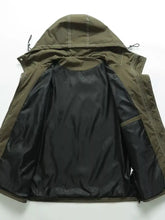 Men’s plus size hooded windproof olive green jacket with black lining and adjustable drawstrings for outdoor use