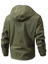 Men’s plus size olive green hooded windproof jacket with white stitching along seams and cuffs for outdoor use