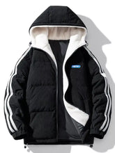 Men’s plus size black corduroy hooded zip padded jacket with white fleece lining and three vertical stripes on sleeves