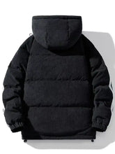 Men’s plus size black corduroy hooded zip padded jacket with quilted panels and ribbed cuffs for cold weather