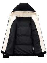 Men’s plus size hooded zip black corduroy puffer jacket with white shearling-lined hood and sleeve trim
