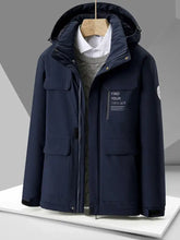 Men’s plus size hooded zip up winter jacket in dark navy blue with multiple pockets and a subtle chest patch