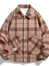 Men’s plus size houndstooth pattern button-up jacket in brown and white with classic collar and chest pockets